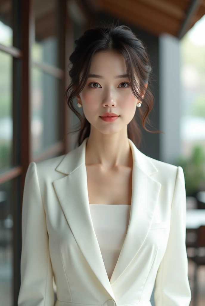 Woman in her 30s, brunette in a white blazer, very Japanese chic 

