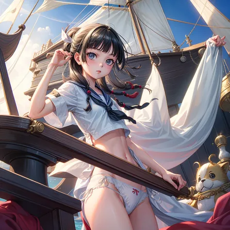 one girl（８year）, pirate, highest quality、cinema lighting、sailor suit、long skirt、 yacht（galleon）on the mast、white panties,