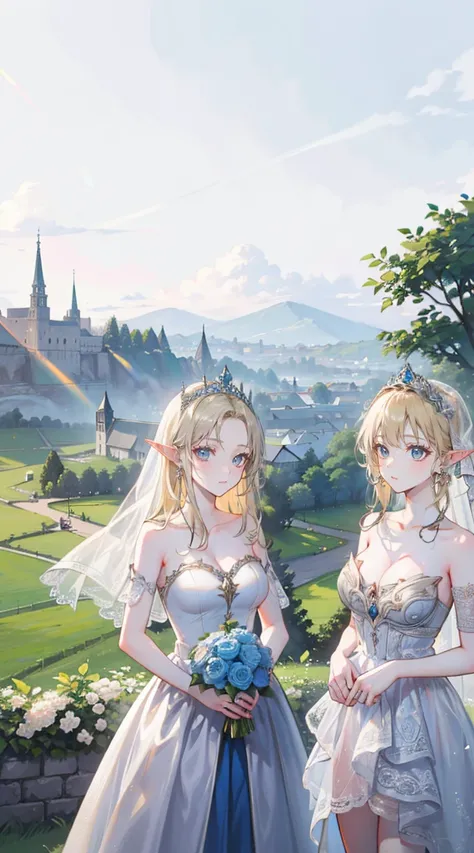 beautiful woman，folk girl，Blonde with blue eyes，twisted，Wearing a strapless wedding dress without straps.，countryside，countryside，beautiful scenery，European Middle Ages，smile with teeth，forehead，forehead exposed，big ，rift, (Elf Princess),(2 young women ,be...