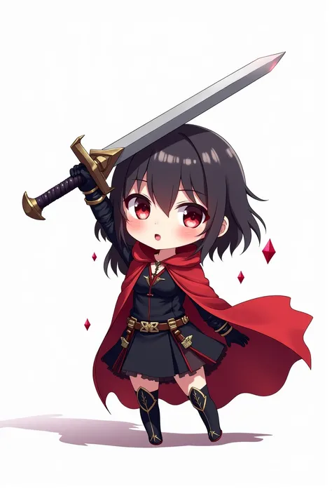 chibi style, 2D, anime, vampire girl rising sword, red cloak, black light armor, (simple white background)