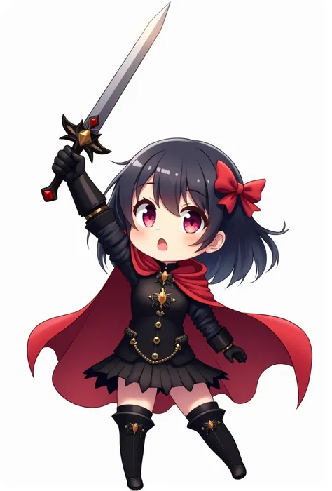 chibi style, 2D, anime, vampire girl rising sword, red cloak, black light armor, (simple white background)