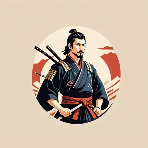 male samurai in folk outfit, vector graphics, strong contours, logo design
