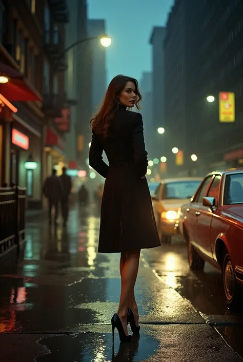 Portrait of a professional woman in the 1970s, Rainy Night，New York Office Building，full-body shot，High heel，Street light，Extremely detailed face, Low light, Perfect lighting, Nostalgia, ISO100, cinestill 800T, polarizing filter, Bright and bold colors, Hi...