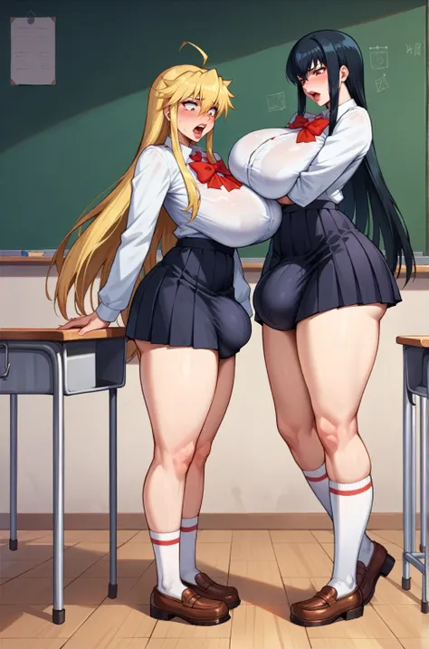 score_9,score_8_up,score_7_up, source_anime, cel shading, young girls duo, ((full body)), ((futanari Japanese highschool girls)), ((Japanese highschool girls uniform)), black skirt, long black hair with blunt bang, blonde hair, expressive, dynamic, thick f...