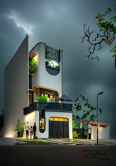 RAW photo, a photo of a modern house, Wabisabi style  white wall, steel dark gate, sidewalk, sidewalk trees, ((grey gate:1.2)), road, viet nam modern residence, ((architectural shot)), rough white wall, new residential area, wide angle exterior 2022, conte...