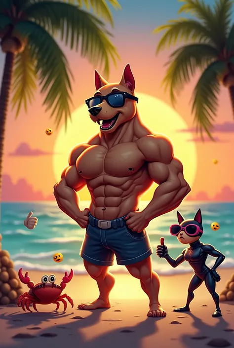 Create an epic and hilarious meme with a muscular anthropomorphic dog (muscular dog) with an exaggerated bodybuilder physique, flexing his muscles and wearing comically small sunglasses. He stands confidently on a tropical beach, Striking a heroic pose. Be...