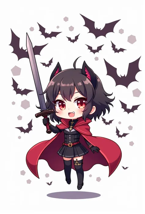 chibi style, 2D, anime, vampire girl rising sword, vampire fangs, red cloak, black light armor, [[bat fly around]], (simple white background)