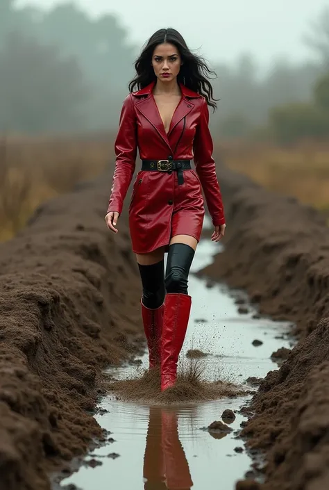 Woman walking through mud in red leather knee high boots with heels and black knee stockings