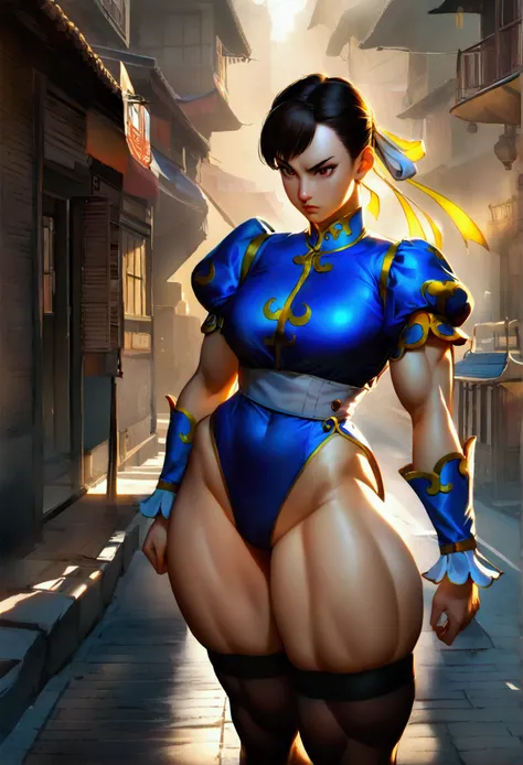 chun-li,beautiful young woman in classic blue uniform, thick-thighs, beautiful sexy thighs,a little muscular, hair stuck, blacks...