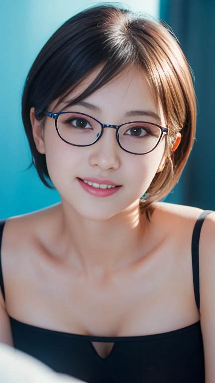 Gentle expression, Lie in, White glasses, Blue and black short hair, (8k, RAW Photos, Realistic:1.25) ,( Lip gloss, eyelash, Shining Face, Glowing Skin, Highest quality, Ultra-high resolution , Written boundary depth, chromatic aberration, Caustics, Wide L...