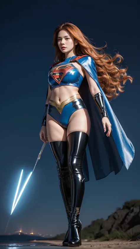 masterpiece, best quality, nvidia RTX, Full makeup, Extremely beautiful, Orange wavy hair, The hair is blown by the wind, Clear images, Realistic skin details, Movie Lightning, Intricate details, ((Futuristic Superwoman)), ((Tights)), ((Sexy set)), ((Blue ...