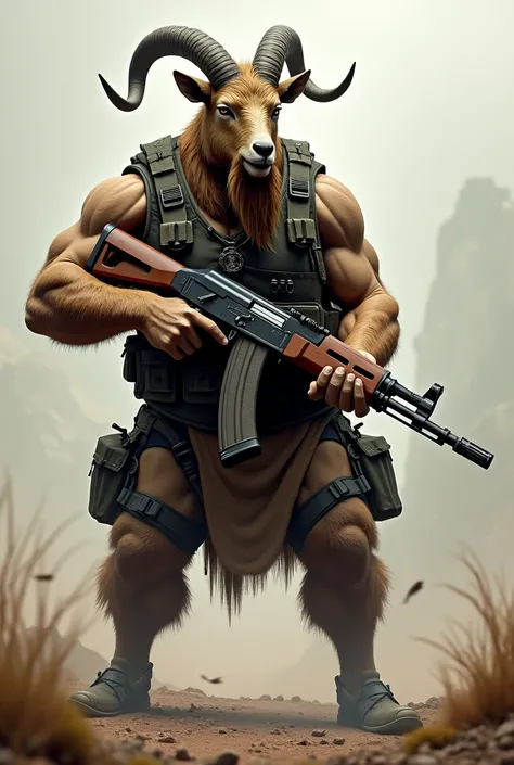 Draw me a goat wearing a vest, like a real man, shaped like a human with strong muscles, holding an AK47 gun.