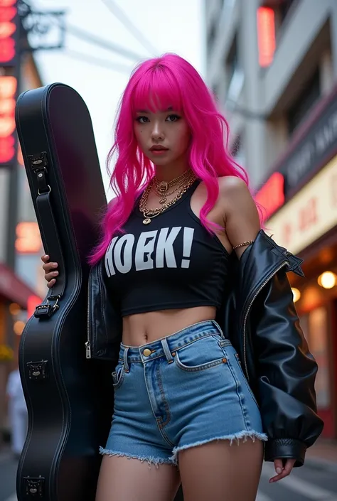 Adult video poster layout、Characters on the screen、「Band Girls」「ShockingＡＶdebut！」Character、(((Japanese woman carrying a large black guitar case))), 26 year old adult woman wearing a black crew neck top with large English letters on her chest and short blue...