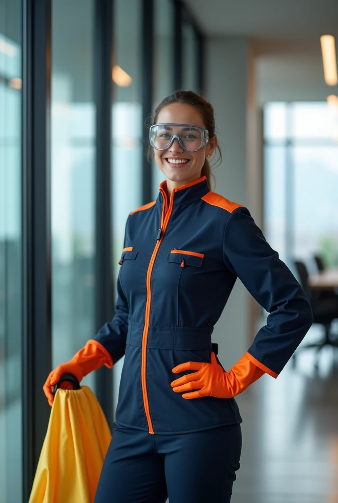 please generate a realistic image of a woman smiling as she cleans a modern commercial office room wearing a dark blue uniform with orange details and goggles in 16:9 horizontal format