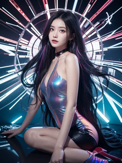 Vera Nova, a futuristic AI female vocalist with Japanese-Russian heritage. She has holographic hair that shifts between electric blue, deep purple, and neon pink. Her eyes feature digital patterns and natural beauty, pulsing in rhythm with her music. She h...