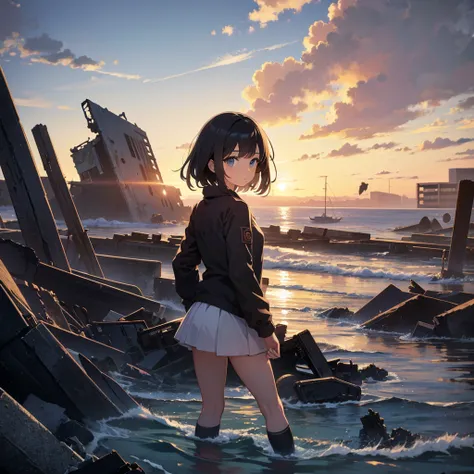 Girl on the coast, background of a destroyed city.