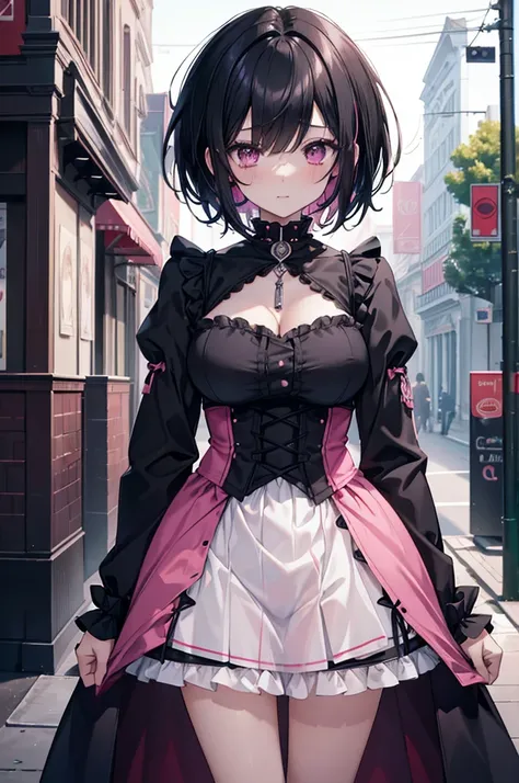 black hair, pink clothes, girl, solo, adult, gothic, (((short hair))), quality(8k,wallpaper of extremely detailed CG unit, ​masterpiece,hight resolution,top-quality,top-quality real texture skin,hyper realisitic,increase the resolution,RAW photos,best qual...