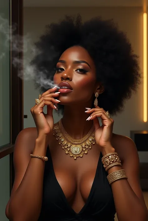 Beautiful black woman gold jewelry businesswoman smoking weed 4