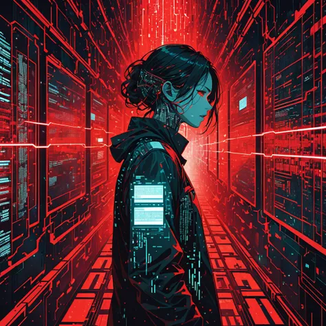 A cybernetic nightmare scene depicting a person trapped in a world of glowing digital codes and algorithms. The environment is filled with complex, intertwining data streams and pulsating red lights, representing a digital prison. The figure is struggling ...