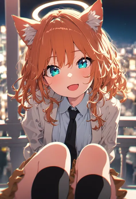 mari, ((halo)), (cat ears), (small breasts), ((open jackets, lightyellow jackets):1.2, (white collared shirts, black tie):1.2, (lightyellow skirts, pleated skirts):1.2, black thighhigh socks), (sitting, (sitting on balcony):1.2), from below, (face focus, (...