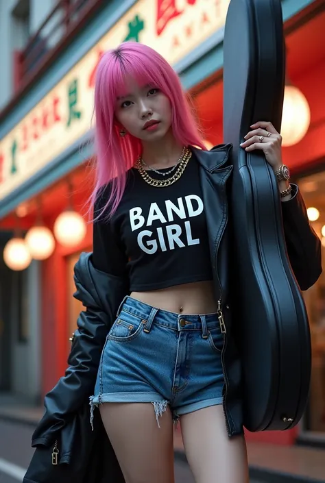 Poster layout for adult video, with text on screen: "Band Girl" and "Shocking AV Debut!"、(((Japanese woman carrying a large black guitar case))), 26 year old adult woman wearing a black crew neck top with large English letters on her chest and short blue j...