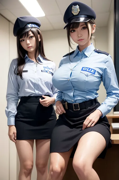 A sloppy smile、（Sit with your legs apart：1.4）、Full body view from head to toe、detailed slender legs、 (American Police、policewoman、Police Officer:1.5), (Buttoned shirt、skirt、stomach:1.4), 15-year-old high school girl,Cute Japanese Girl,シャツを押し上げるHuge breasts...