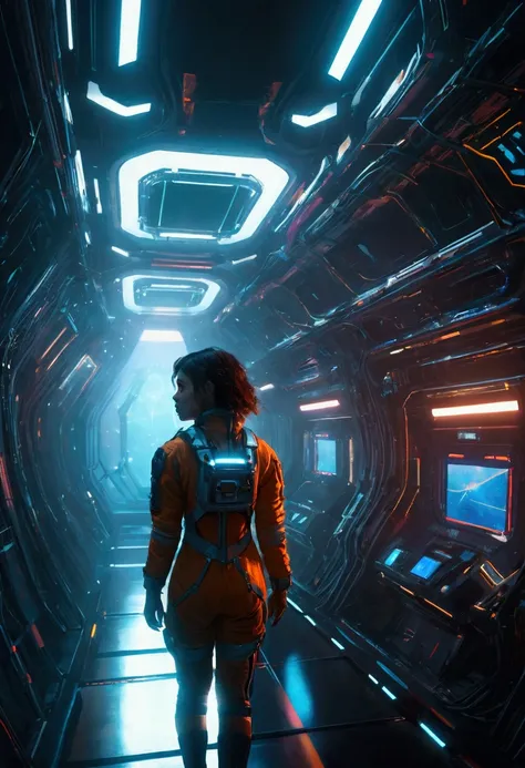 Thriller Space, A girl in a deep space station, atmospheric thriller, Bauhaus, shape, Wire, Abstract, intricate futuristic architecture, glowing neon lights, dark moody lighting, cinematic composition, high contrast, muted color palette, moody and suspense...