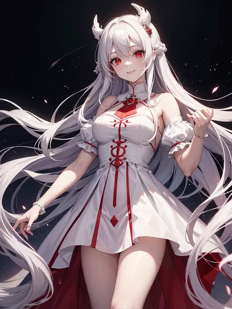 woman, red eyes, white long wavy hair, noble, like prince, sadistic smile, queen. her front hair is tied up. her dress are white like a fallen angel vibes. no horns. where dress like princess or queen