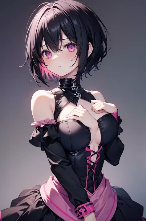 black hair, pink clothes, girl, solo, adult, gothic, (((short hair))), quality(8k,wallpaper of extremely detailed CG unit, ​masterpiece,hight resolution,top-quality,top-quality real texture skin,hyper realisitic,increase the resolution,RAW photos,best qual...