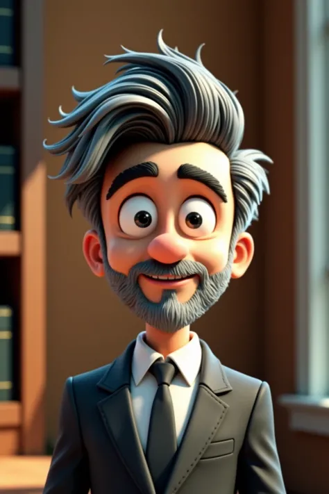 Cartoon character of a man with black hair and some white strands, white bearded, formal suit, white skin color, animation character, pixar, Disney, stylized character, animation style rendering, 3d stylized, Arnold Maya rendering, Stylized 3D rendering, t...