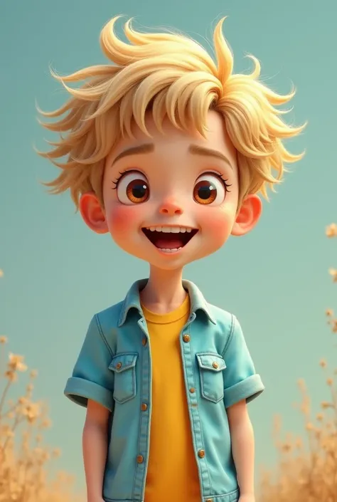 Use the lucandy style! A teenage boy who has blond hair. eyes browns, Scrawny, tall and is wearing a pastel blue and yellow blouse! And he is very excited.