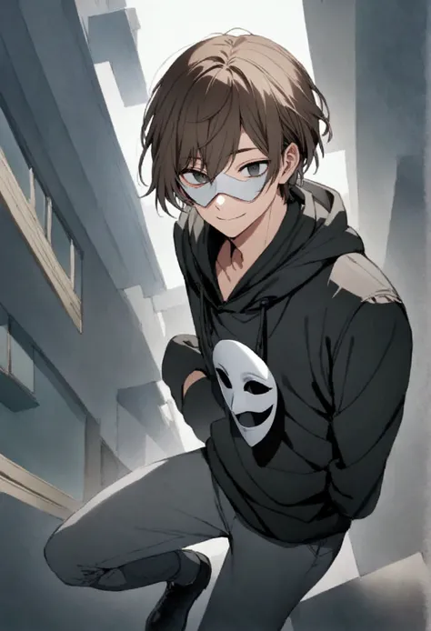 a boy with black eyes and brown hair with a round white mask smiling wearing a black hoodie and with gray pants with black shoes