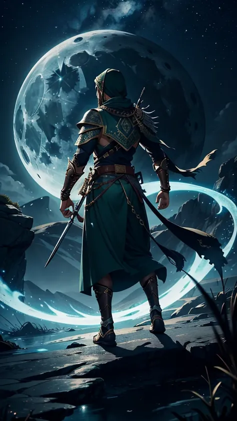 Heres a refined 200-word prompt for creating an 8K image of a male Islamic warrior at night:

---

"Create an 8K quality image of a male Islamic warrior at night, shown from the back. He wears a long, flowing green dress richly adorned with intricate Islam...