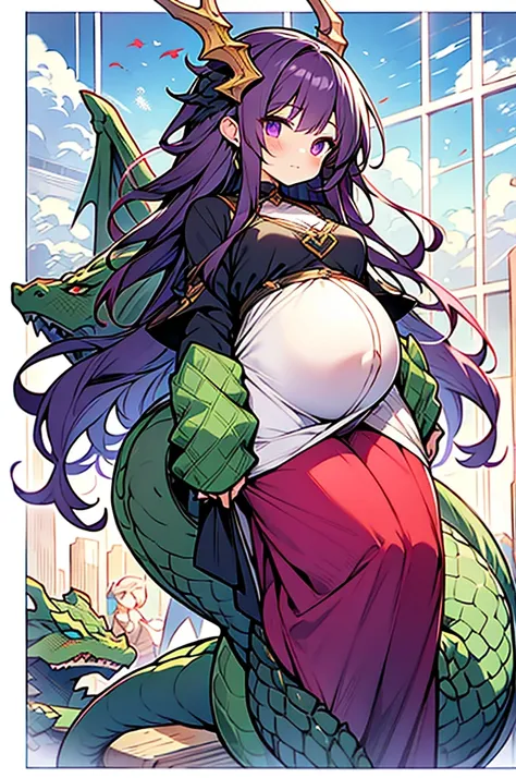 pregnant dragon girl,dragon horn,dragon wing,dark purple hair,long hair,