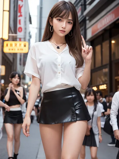 Product quality,1 girl,Cowboy Shot,Front view,Young and sexy Japanese girls,20-year-old,In town(Crowded street:1.4),Fashionable white shirt,wear,Fashionable bags,Fashionable necklaces,Fashionable earrings,((Black Very Short Micro Mini Skirt:1.5)),wear,Supe...