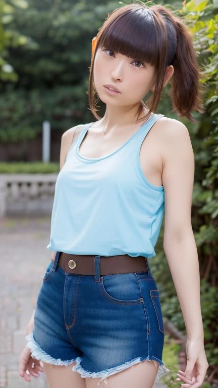 ((High definition))、((high quality))、((8k))、Japanese、Beauty、Very small tank top、Very small denimshorts、Natural brown hair、ponytail、45years olds Tight-fitting shorts、Very tight shorts Pubic hair Pussy line Dynamic poses