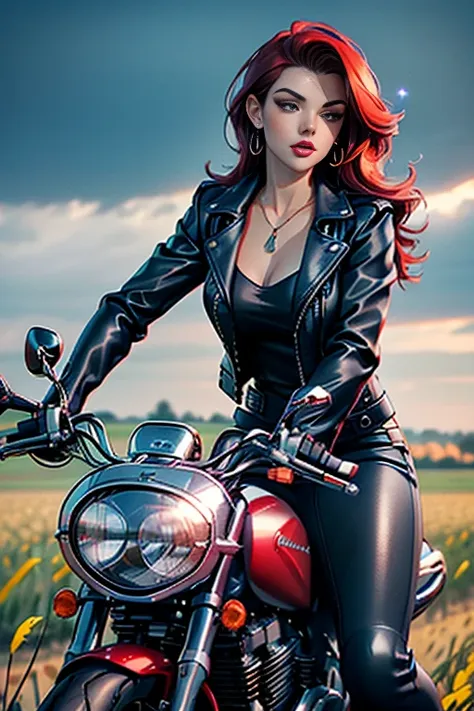 full length, sexy french model, Beautiful smile, lip gloss, Dramatic make-up, close-up photo, (large sparkling necklace), (sparkling big bracelets), Daytime scene., improve, Red hair, stylish hair))), ((Business style in dark gray with a blue leather jacke...