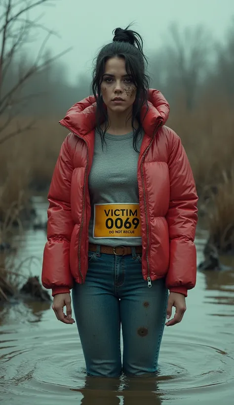 woman, sporty shiny faded down jacket,in the foreground: sport race bib "VICTIM 0069 DO NOT RESCUE", flared jeans, stuck in bog, ritual hairdress,makeup.collar only 