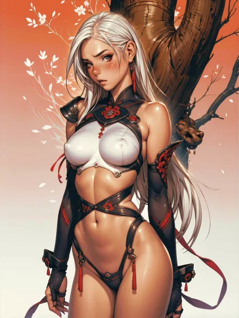 (best qualityer))), (((manga strokes))), (((white hair with red highlights))), (((blue skin))), uma Kizi elfo com orelha pontudas em uma floresta densa, semi-naked with arms covered in rustic metal articulated armor, breasts covered with bands, tiny thong ...