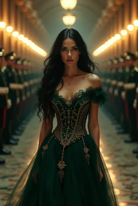 Young woman with long black hair and emerald eyes walking down a castle hallway with guards dressed as a Victorian princess and icy stare down 