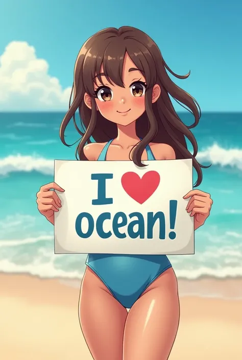 A poster with the words "I ♡ ocean！".  a beautiful bimbo holding the poster, beautiful girl, cute, Brown Hair, The background is the beach, School Swimsuit