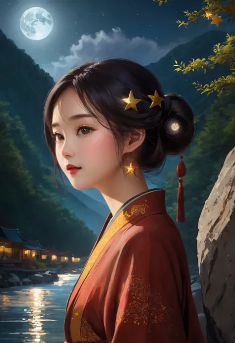 1 beautiful young Asian woman, outdoor, (night), Mountains, nature, (Star, moon) hapiness, hapiness的, forest, Stone, river, wood, Cool colors, (Warm colors: 1.2), Movie Light, Side Light, masterpiece, best quality, Extremely detailed, Ultra-high resolution...