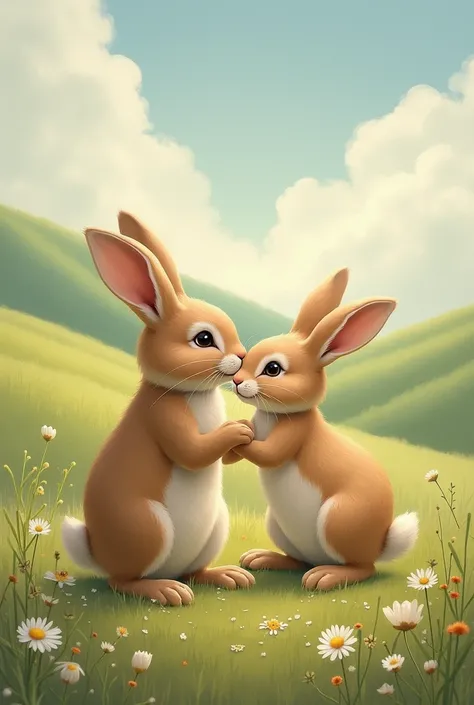 I want a painting where will be two rabbit, one is going, another is saying goodbye 