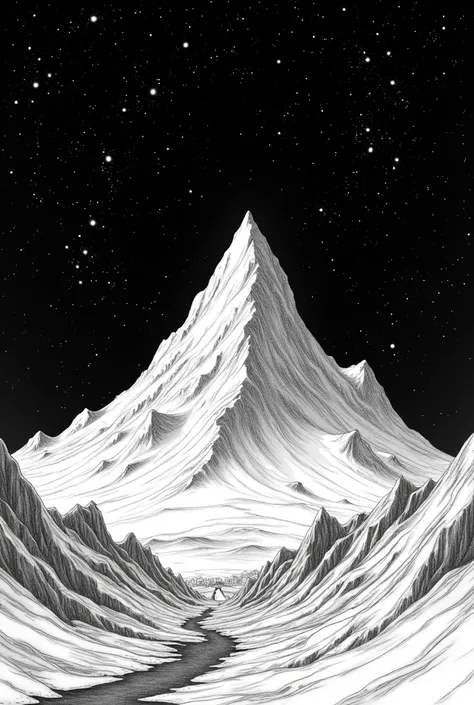 A volcano and stars in black and white background for easier coloring 