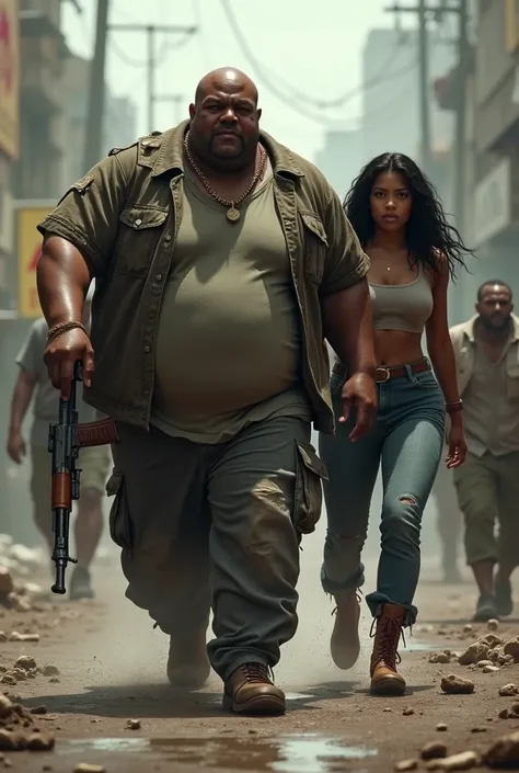 Create a bald black obese survivor with a black girl.an ak47 fleeing a zombie apocalypse
