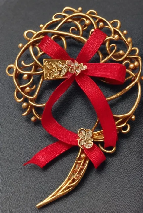 red crystal AIDS ribbon brooch, intricately wrapped with golden vines, simplicity & minority design, vibrant colors, elegant and artistic