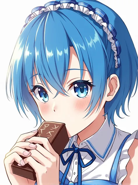 anime girl with blue hair and blue eyes eating a chocolate, an anime drawing by Kentaro Miura, pixiv, process art, rem rezero, top rated on pixiv, moe anime art style, clean and detailed anime art, change, seductive anime girl, anime! 4K, anime! 4k, popula...