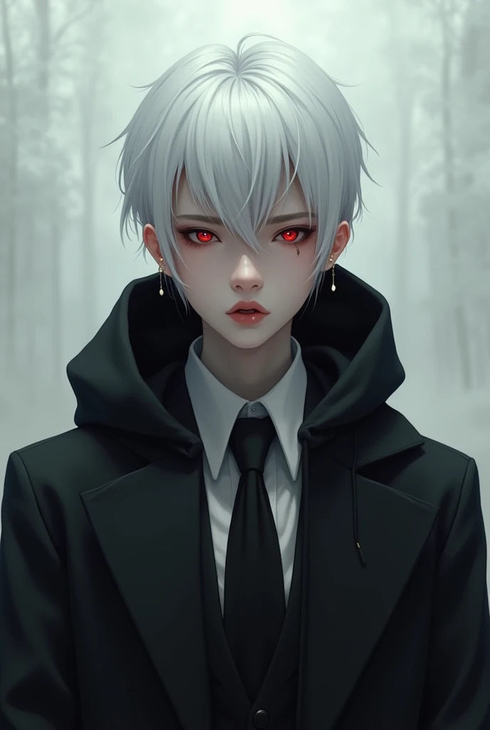 Androgynous girl with short white hair and red eyes, wearing a suit and black hoodie