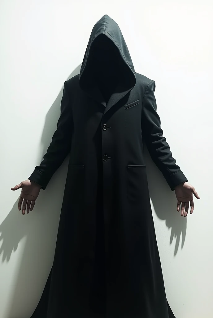 A whit background, a man wearing a long black headed coat with his face hidden completely, his shadow is on the wall behind him, he looks like a sorcerer practicing black magic, feels like a Live Photo, and there is a word under the magician as Voodoodates...