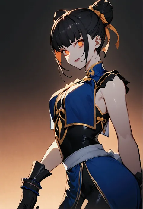 standing alone, work of art, best qualityer, agrias, black costume, collant preto, standing, looking ahead at viewer, shorth hair,Evil smile, evil gaze, Chun-Li,black gloves,blue outfit,yandere face,poor lighting,beautiful eyes,detailed eyes orange lightin...